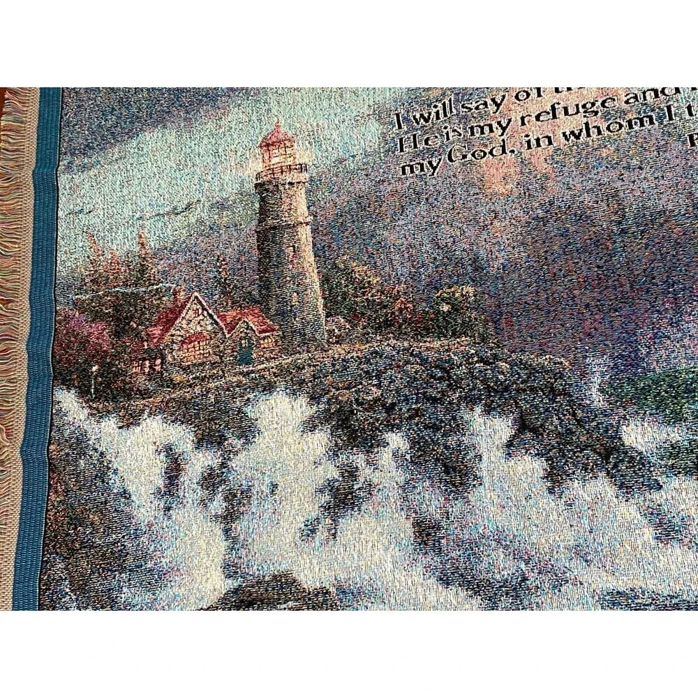 NEW Thomas Kinkade Throw Blanket Conquering the Storms Lighthouse Psalm 91:2 Vtg